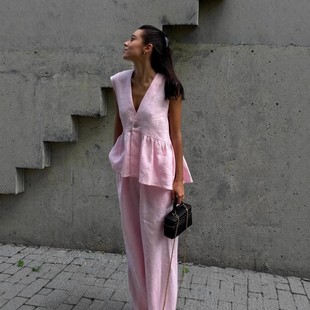 女欧美新款 套装 纯色气质通勤两件套 上衣马甲长裤 棉质领无袖