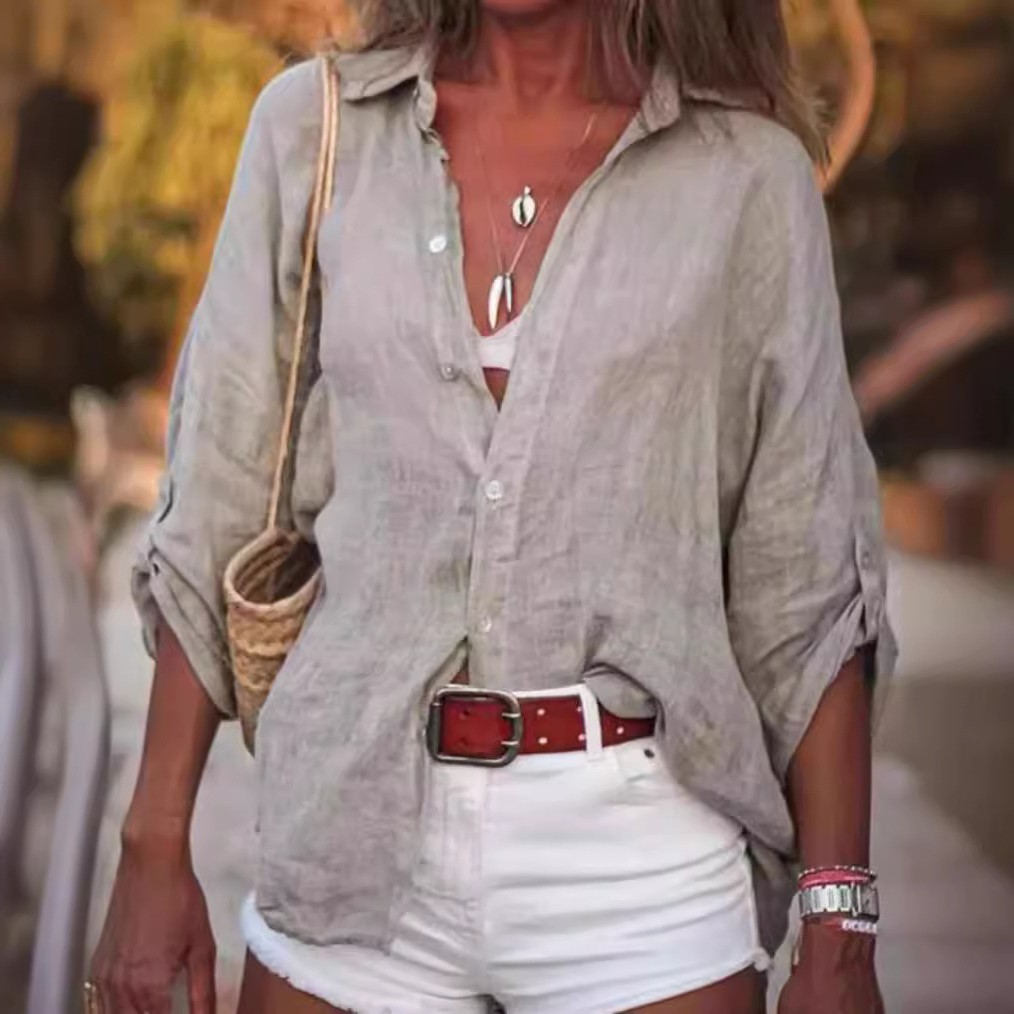 欧美亚马逊新款女式棉麻纯色宽松型七分袖衬衫