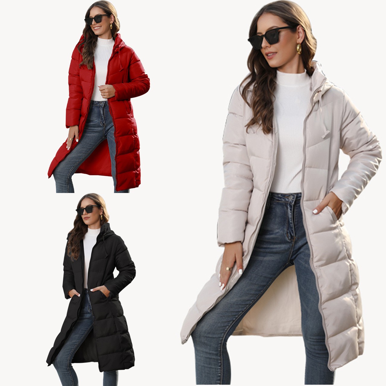 跨境外贸冬季连帽女式棉衣女中长款修身棉袄保暖羽绒棉服女装外套