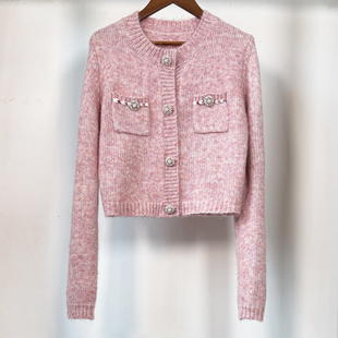 粉色针织衫 2025秋冬毛衣女羊毛混纺镶钻珍珠扣粗毛线短上衣开衫
