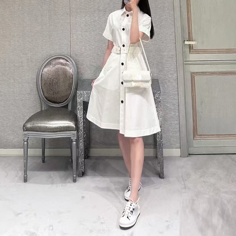白色连衣裙2024春秋款挺阔府绸织棉腰带修身单排扣开衫式衬衫裙女