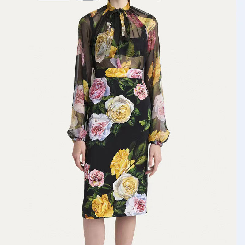 真丝半身裙2026春夏款优雅名媛黑花色玫瑰桑蚕丝上衣开叉包臀半裙