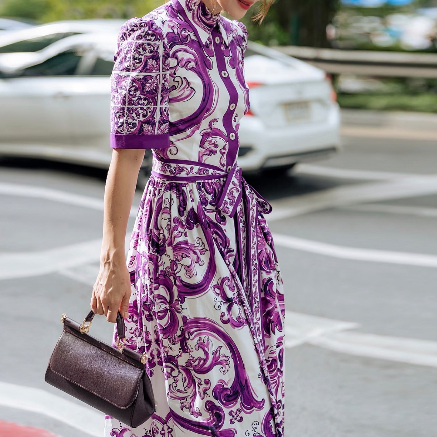 气质感紫镪印花连衣裙2026春夏新款翻领单扣衬衫短袖大摆过膝裙子