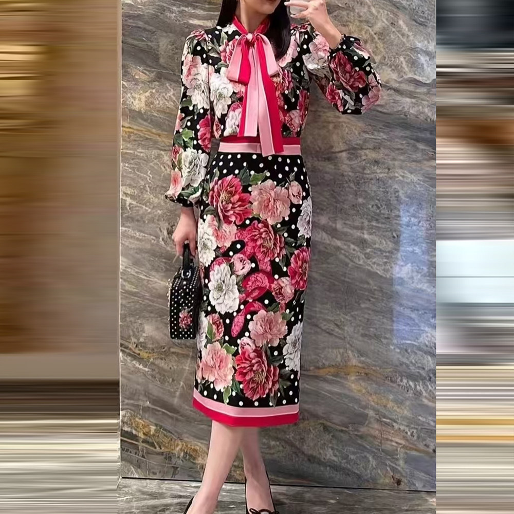 中长裙包臀气质感印花高腰半身裙