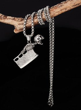 跨境外贸个性复古朋克风项链不锈钢骷髅头菜刀吊坠嘻哈风男士项饰
