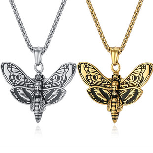 欧美暗黑嘻哈风骷髅鬼头蝴蝶钛钢项链男士小众个性飞蛾骷髅头吊坠