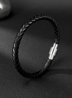 黑色皮绳学生手链男青少年日韩版时尚牛皮编织手绳手环朋克风饰品