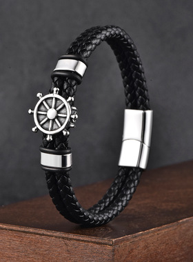 欧美饰品不锈钢指南针男士手链简约个性编织皮革手环学生船舵手链