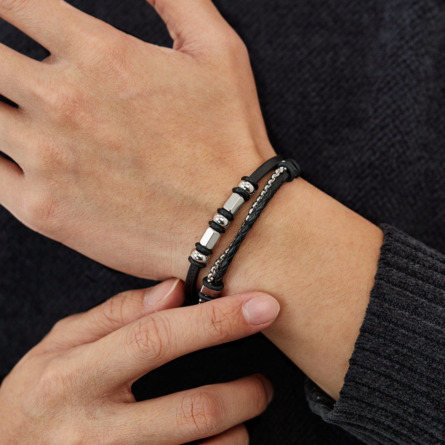 跨境北欧美创意夜店皮手镯男不锈钢多层链条复古街头编织皮革手链