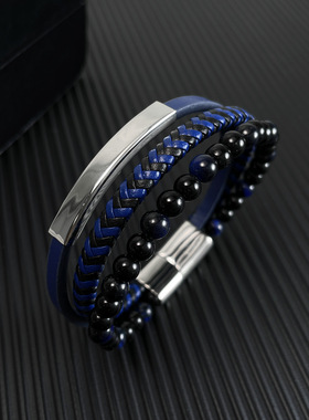 跨境新款街头玻璃珠钛钢弯牌皮手镯男士嘻哈多层编织皮革磁扣手链