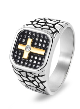 跨境北欧美时尚镶钻十字架戒指个性潮男钛钢复古朋克食指环不掉色