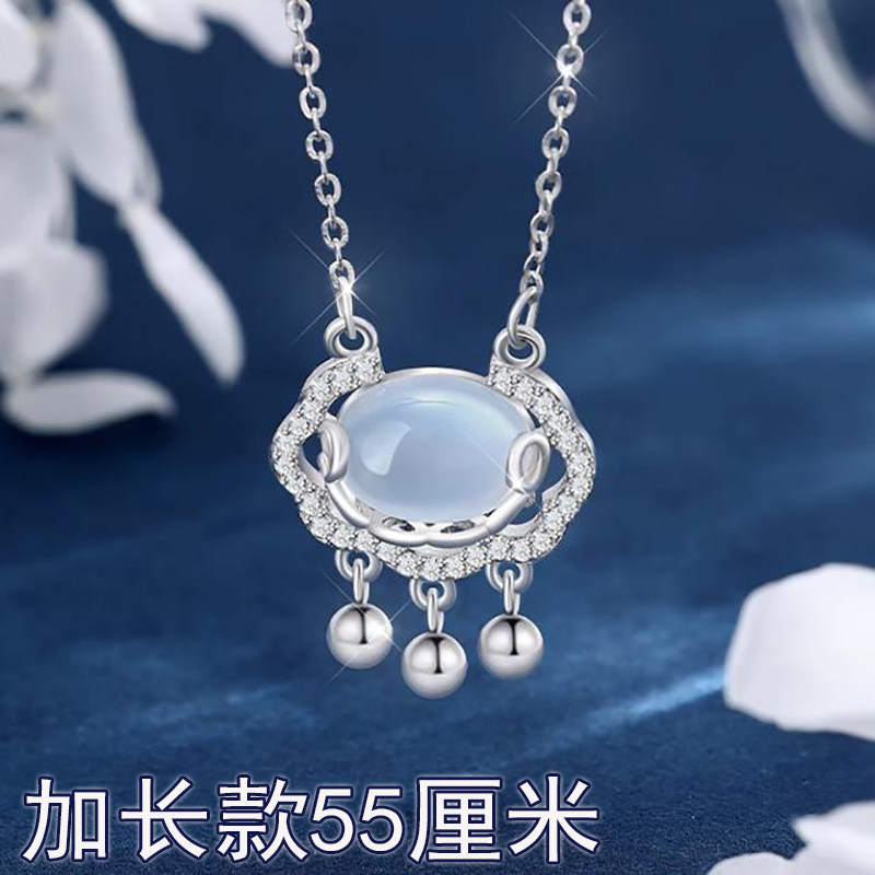 加长款项链女纯银玉髓玉石银镶玉平安锁中国风古典铃铛胖妹礼物