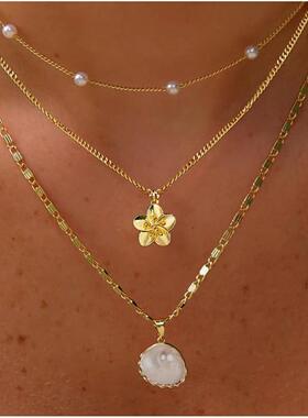 Women Necklace Choker欧美时尚珍珠贝壳式多层项链花朵异域套装