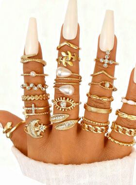 23pcs Women Ring欧美复古个性点钻月亮眼睛珍珠戒指气质饰品23件