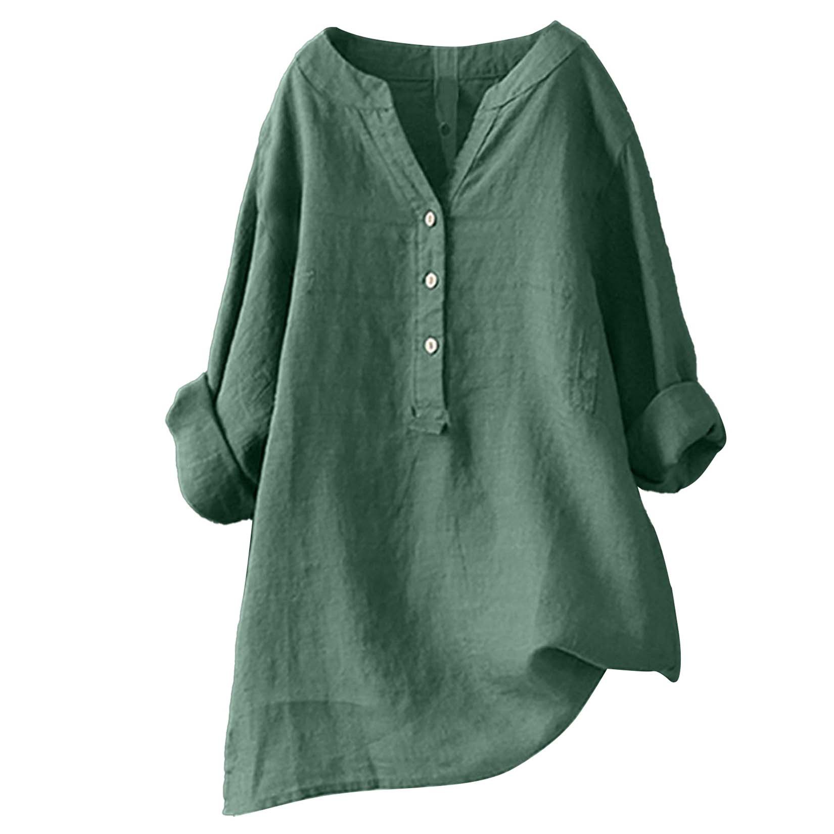 Fashion Women Tops Pullover欧美宽松净色立领纽扣长袖棉麻上衣
