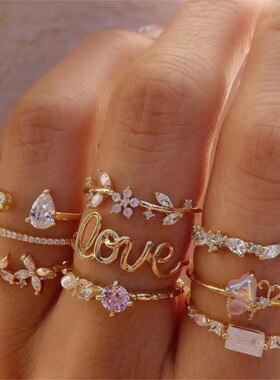 9pcs Women Love Ring树叶几何戒指创意女性镶水钻关节戒指套装