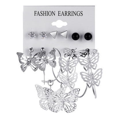6pcs Women Earring欧美几何点钻耳环套装6件套创意镂空蝴蝶耳环