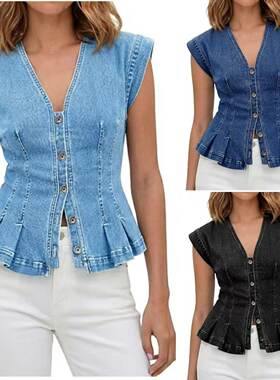 Women Denim Jacket Vest欧美女式V领牛仔背心百褶无袖牛仔上衣