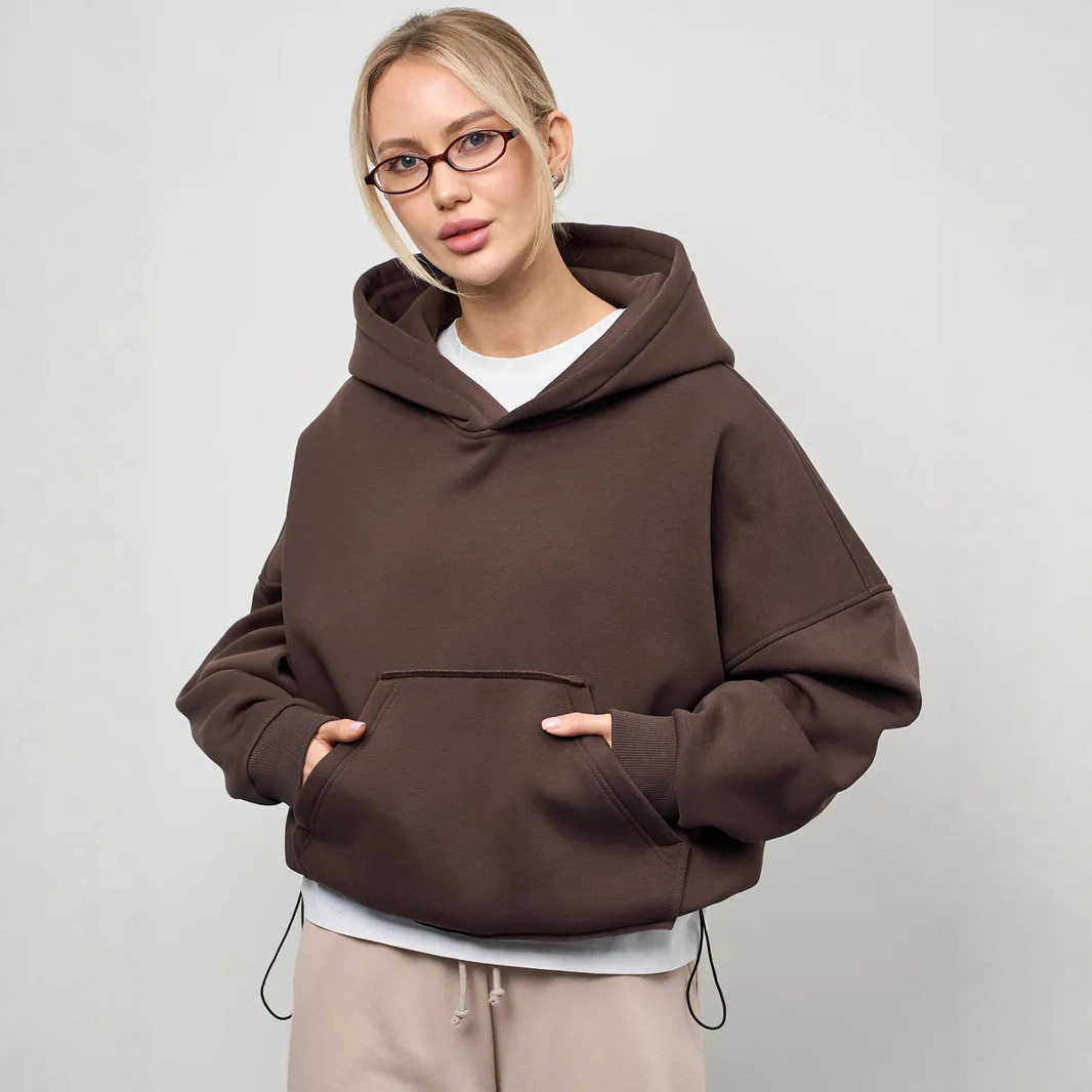 Women Sweater欧美女装休闲连帽衫收腰长袖短款上衣套头口袋卫衣