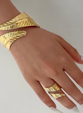 Women Bangle Bracelet+Ring手镯戒指套装金色手环朋克风手饰套装