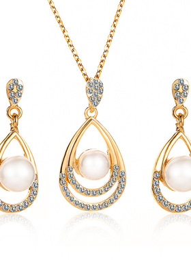 Women Earring Ear Stud Necklace首饰套装气质水滴型项链耳钉