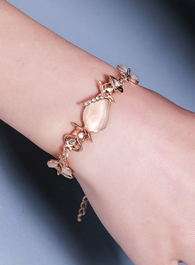 新款韩版创意手饰 日韩潮流耀眼猫眼石树叶玫瑰金手链女 厂家