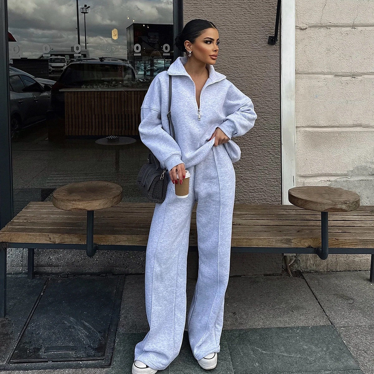 Women Sweater Set时尚半开襟套头卫衣长裤宽松休闲秋冬两件套装