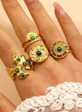 欧美跨境天然石不锈钢戒指镀18K金活口小众高级感女复古ins指环