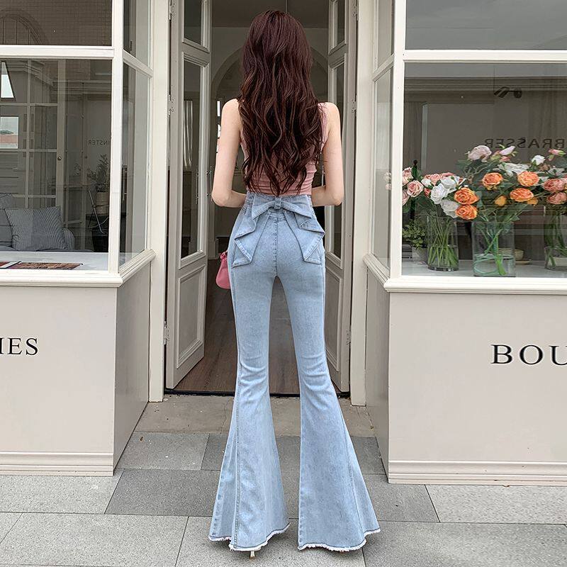 Women Denim Jean Pant立体蝴蝶结牛仔裤女高腰显瘦翘臀喇叭裤子