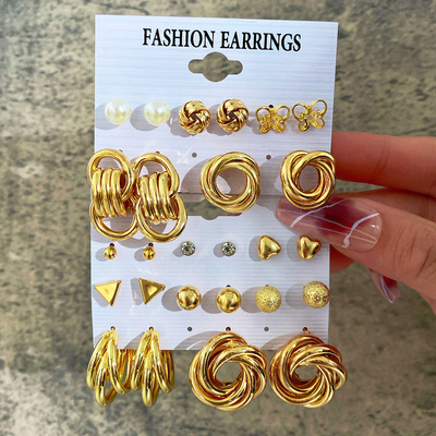 6pcs Earring Sets金属圆圈链条耳钉套装6件套爱心别针蝴蝶耳环女