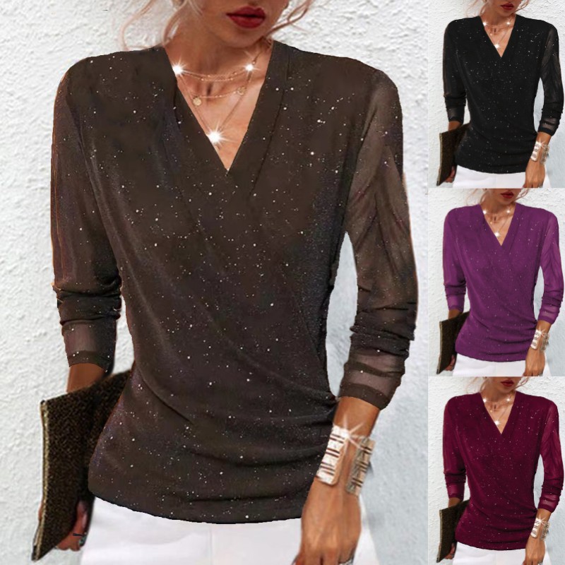 Women Tees Tops T-Shirt交叉V领网纱打底衫女内搭长袖T恤闪光丝