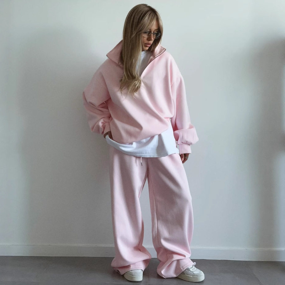 Women Sweater Pullover半开领卫衣长裤套头衫系带卫裤两件套装棉