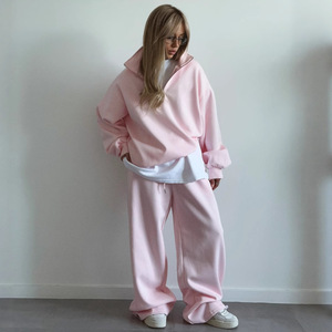 Women Sweater Pullover半开领卫衣长裤套头衫系带卫裤两件套装棉