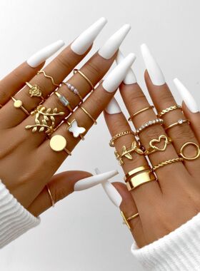 24pcs Ring Sets滴油蝴蝶叶子戒指多关节套装24件套镂空爱心几何