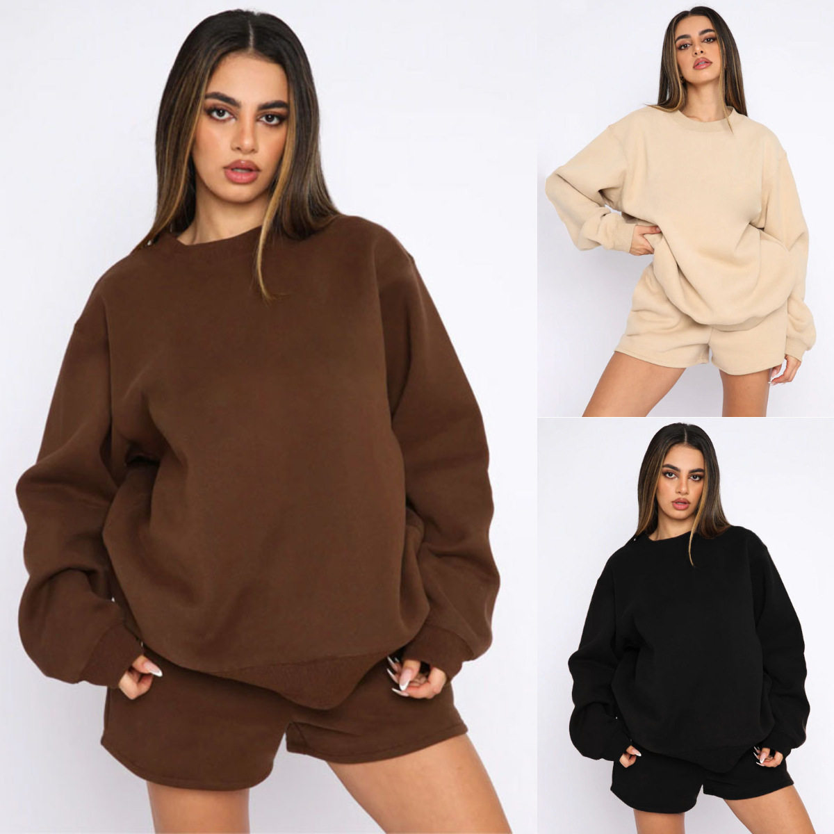 Women Sweater Sets欧美纯色圆领套头长袖卫衣时尚休闲短裤套装女