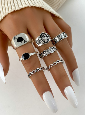 7pcs Ring扑克牌戒指复古黑桃纸牌戒指套装7件套创意个性关节戒指