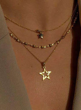 Necklace欧美镂空五角星吊坠项链创意个性复古多层叠戴锁骨链女