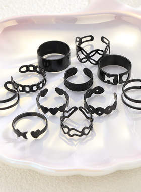 11pcs Black Finger Ring镂空蝴蝶泳黑戒指11件套嘻哈男女关节戒