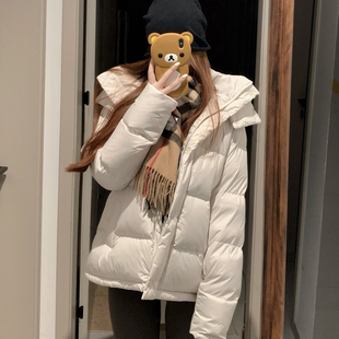 Lu家5格短款羽绒服女韩系修身2025年冬季新款连帽加厚面包服外套