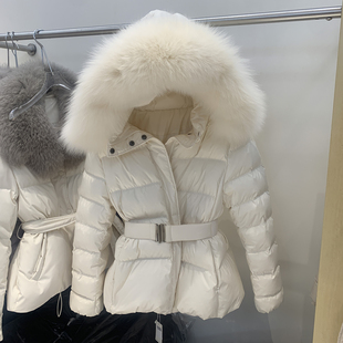 2025年冬季新款狐狸大毛领连帽羽绒服女短款腰带收腰显瘦加厚外套