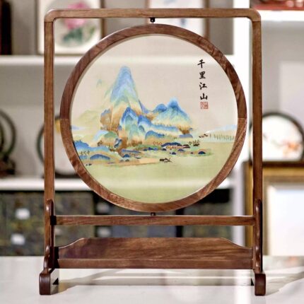 高级苏绣千里江山图手工刺绣湘绣双面绣中国特色礼品送老外胡桃木