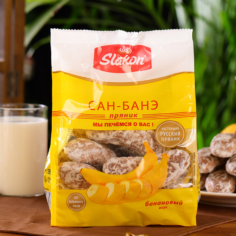 俄罗斯进口斯拉贡香蕉巧克力味光头饼干早餐饱腹糕点零食品250g
