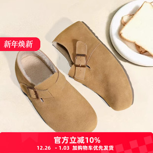 棕色豆豆鞋 4CM内增高动态防水保暖包头毛绒勃肯鞋 女皮带扣单鞋