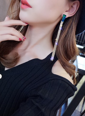 韩版风蓝色闪钻流苏显脸瘦耳环