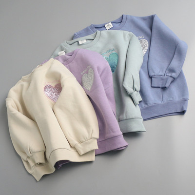 19144女童爱心刺绣圆领卫衣 2025秋冬薄绒桃心保暖宽松运动套头衫