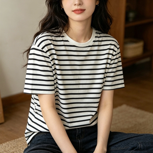 撞色黑白条纹纹圆领短袖T恤女夏季新款休闲舒适打底衫高棉针织衫