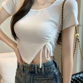 t恤衫 打底衫 女夏季 款 设计感减龄别致T恤上衣 显瘦修身 抽绳开叉短袖