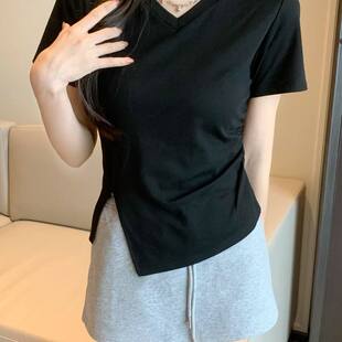 不规则开叉下摆短袖T恤女夏季韩版修身内搭打底衫V领正肩辣妹上衣