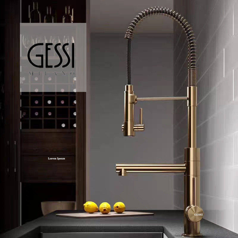 意大利GESSI捷仕全铜厨房磁吸抽拉旋转水槽洗碗池菜盆冷热水龙头