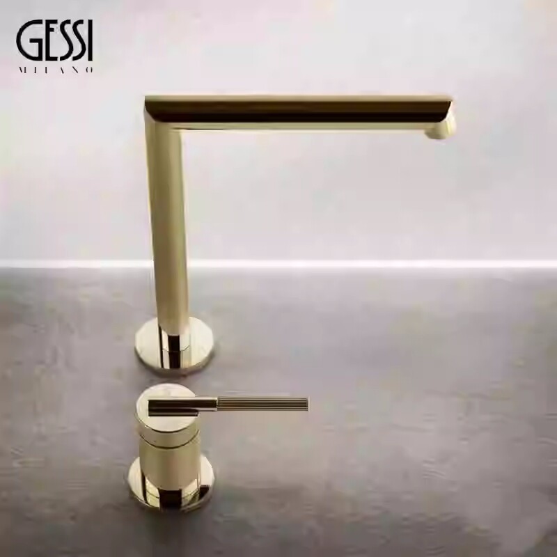 意大利拉丝金复古岛台水龙头浴室台盆全铜两孔洗手盆艺术单孔龙头